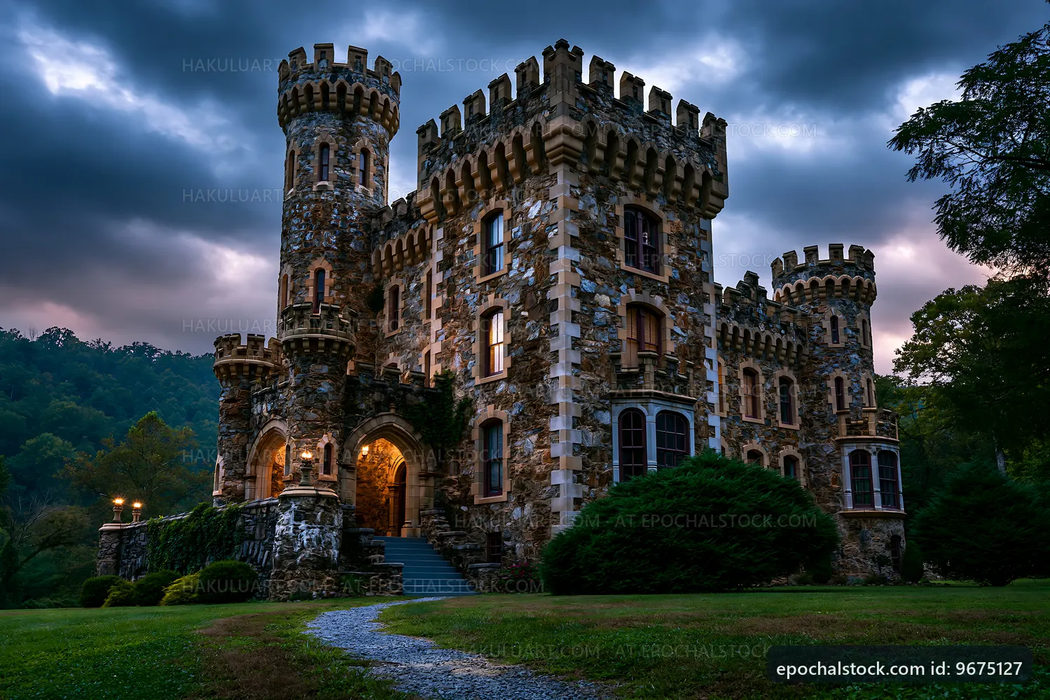 Old stone castle under a cloudy sky with trees and pathway