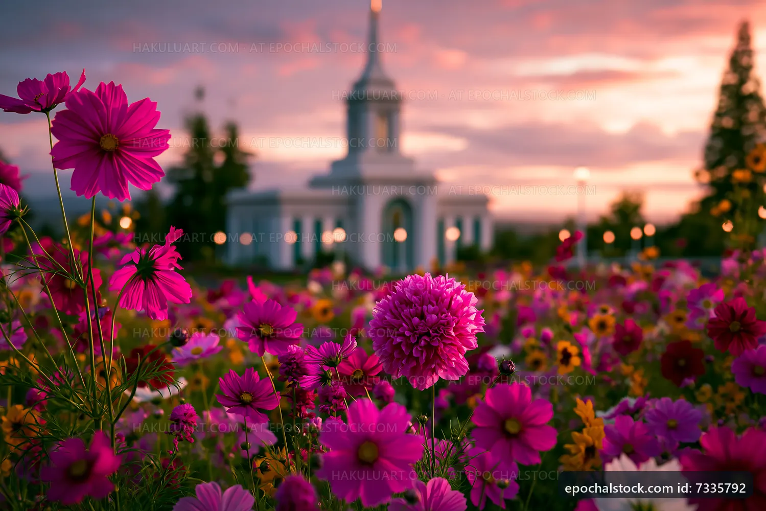 Colorful flowers in a garden near a church at sunset