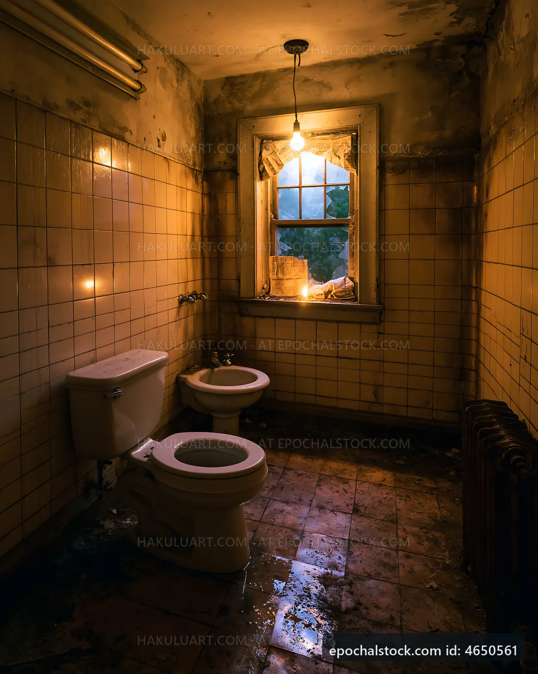 Old bathroom with poor lighting and dirty tiles