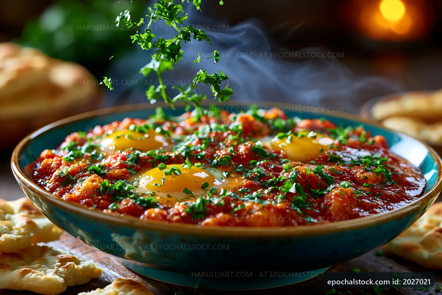 Spicy stew with eggs and herbs on wooden table