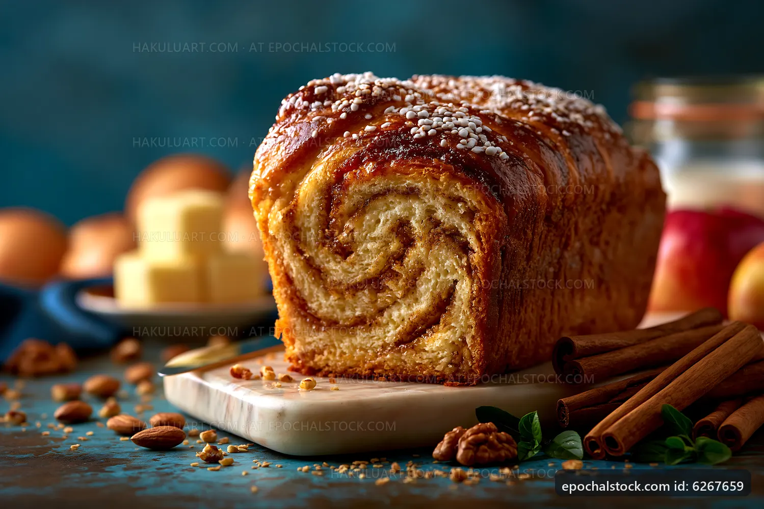 Freshly baked cinnamon swirl bread on a wooden board