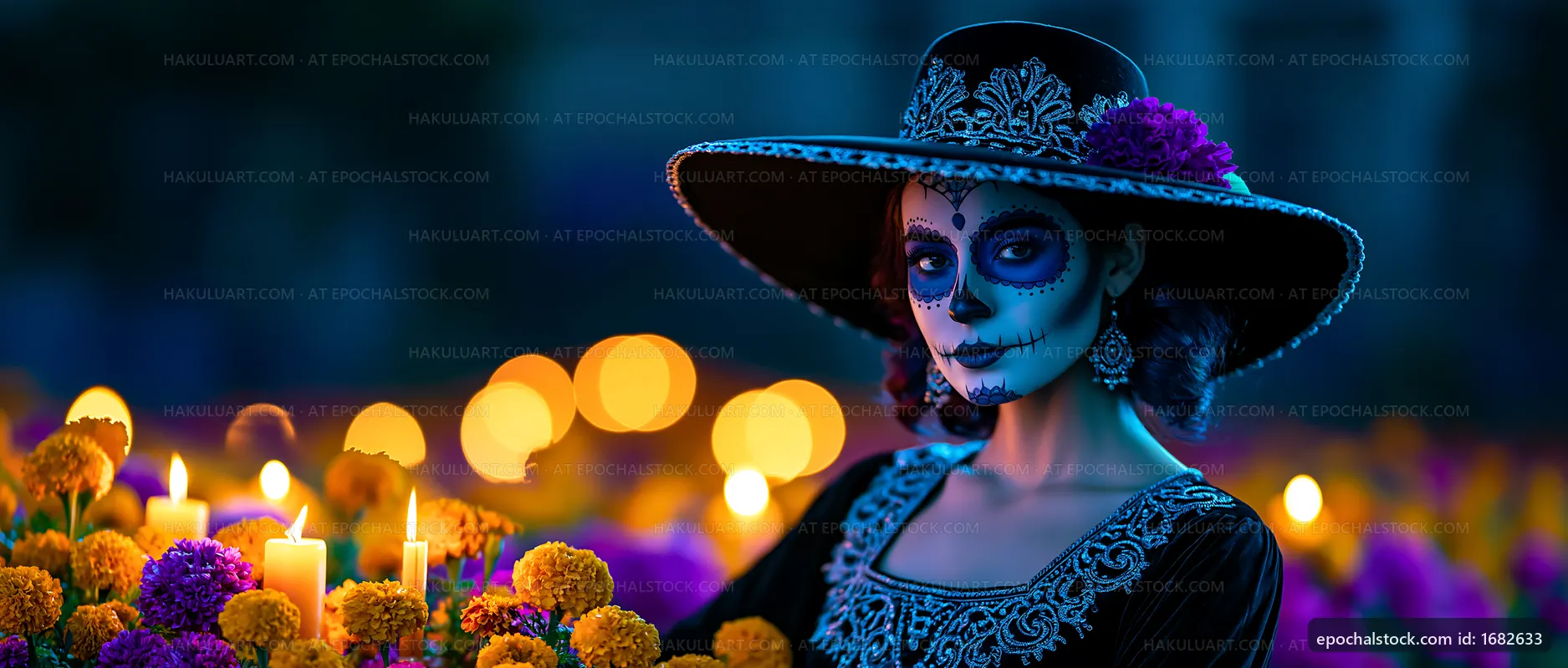 Woman in traditional dress with sugar skull makeup during celebration
