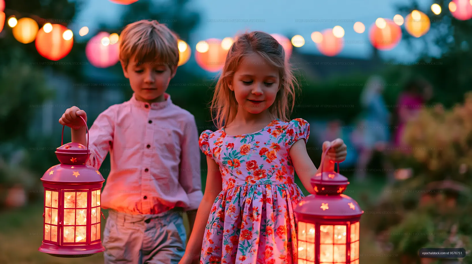 Children walking with lanterns in garden during evening event