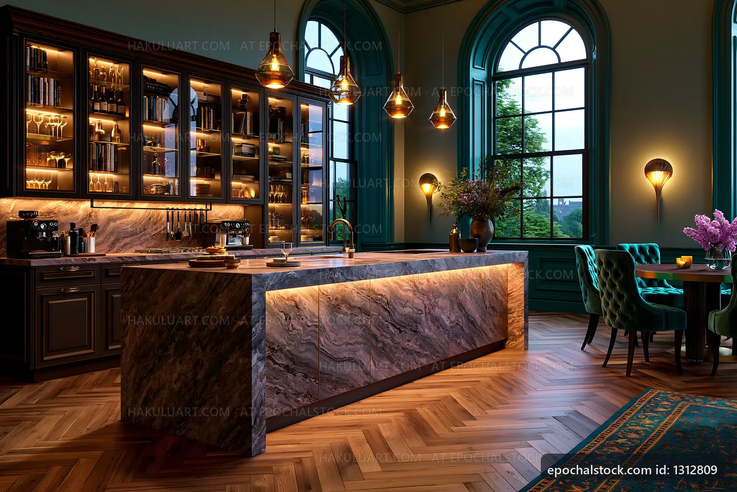 Modern kitchen with stylish decor and warm lighting in evening