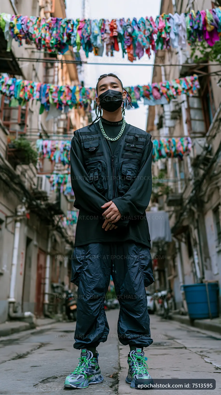 Young man in street wearing urban clothes in a colorful alley