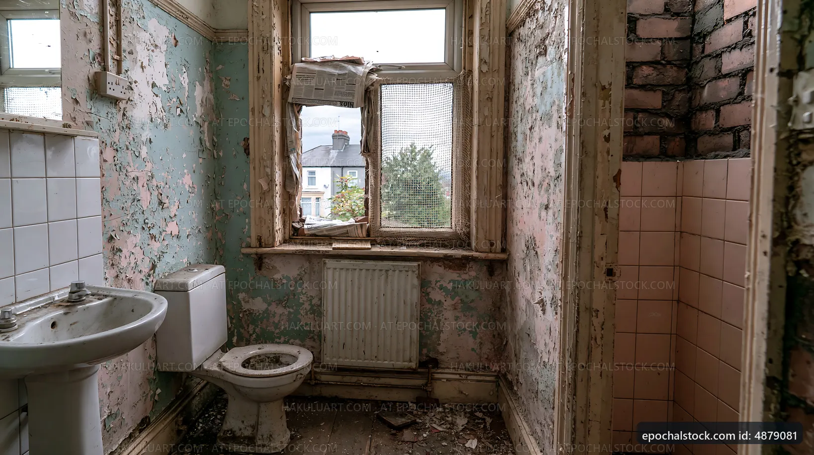 Old, neglected bathroom with peeling paint and damaged tiles