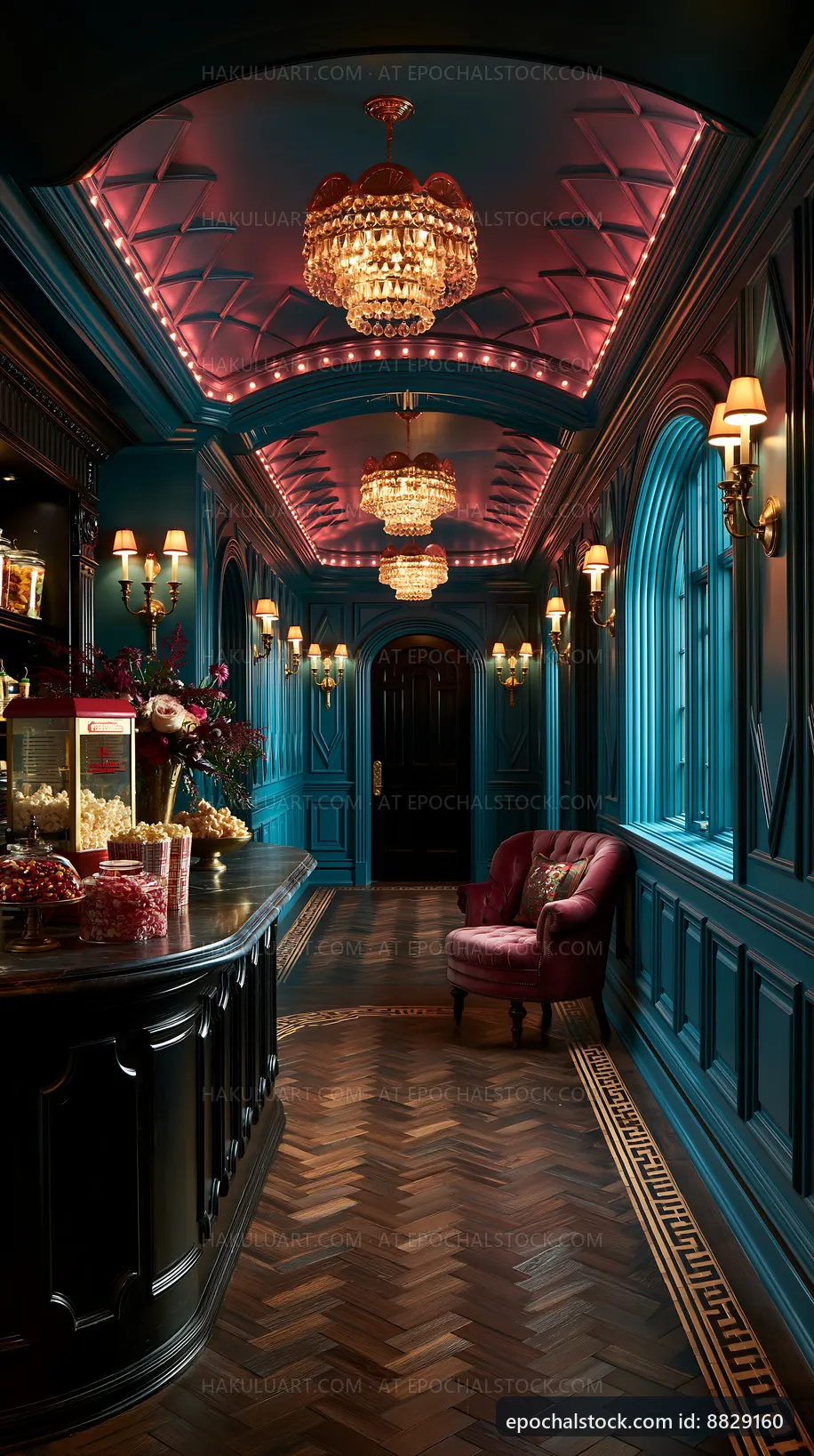 Elegant hallway with blue walls and decorative lighting