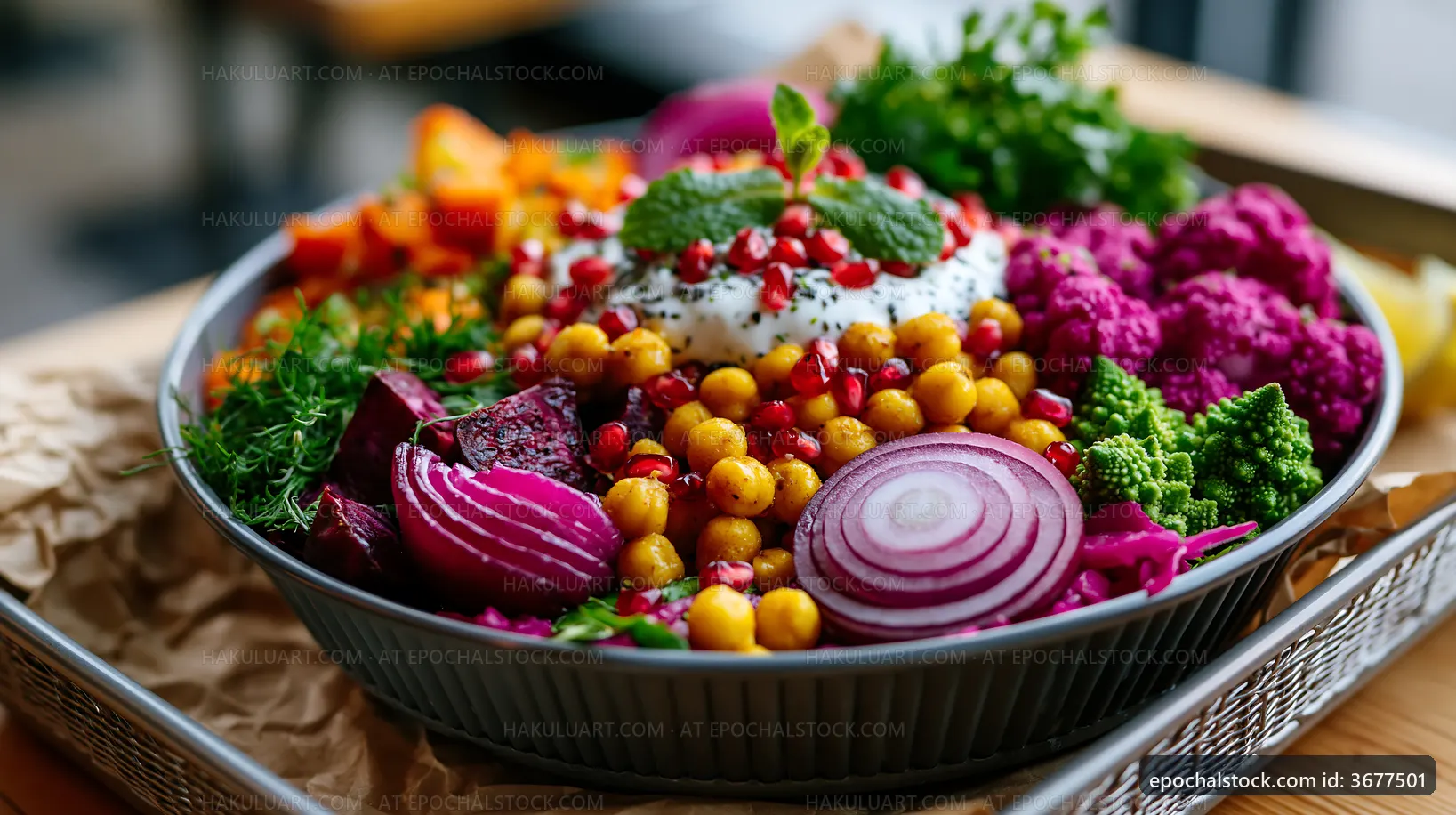 Healthy food platter with colorful vegetables and herbs