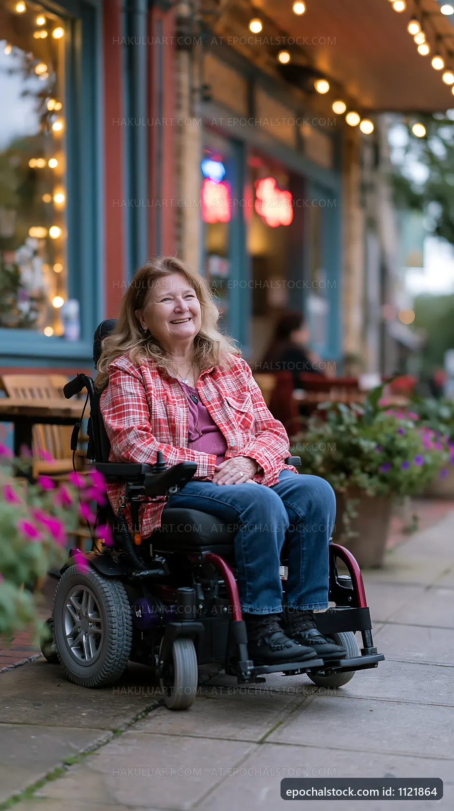 Woman in wheelchair smiles outside cafe with flowers