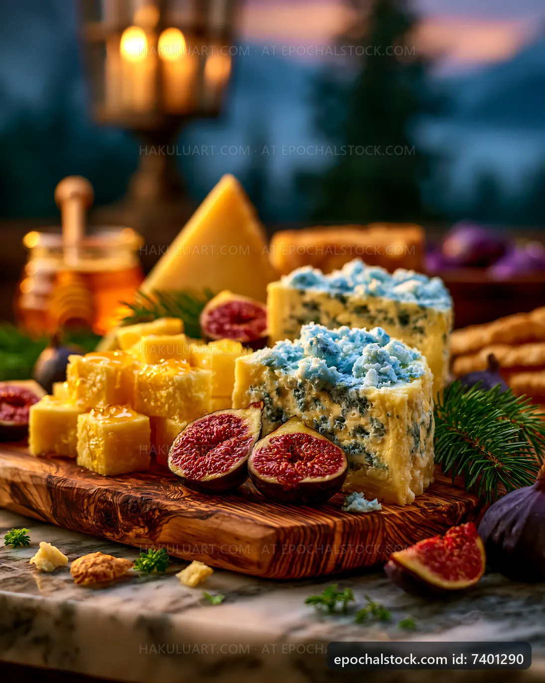 Cheese platter with figs, honey, and crackers on a wooden board