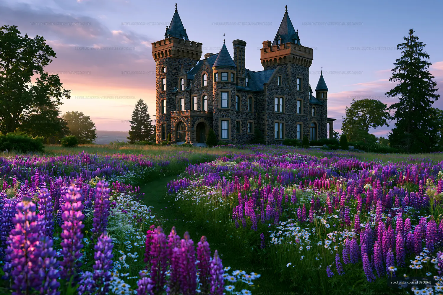 Historic castle surrounded by colorful flowers at sunset