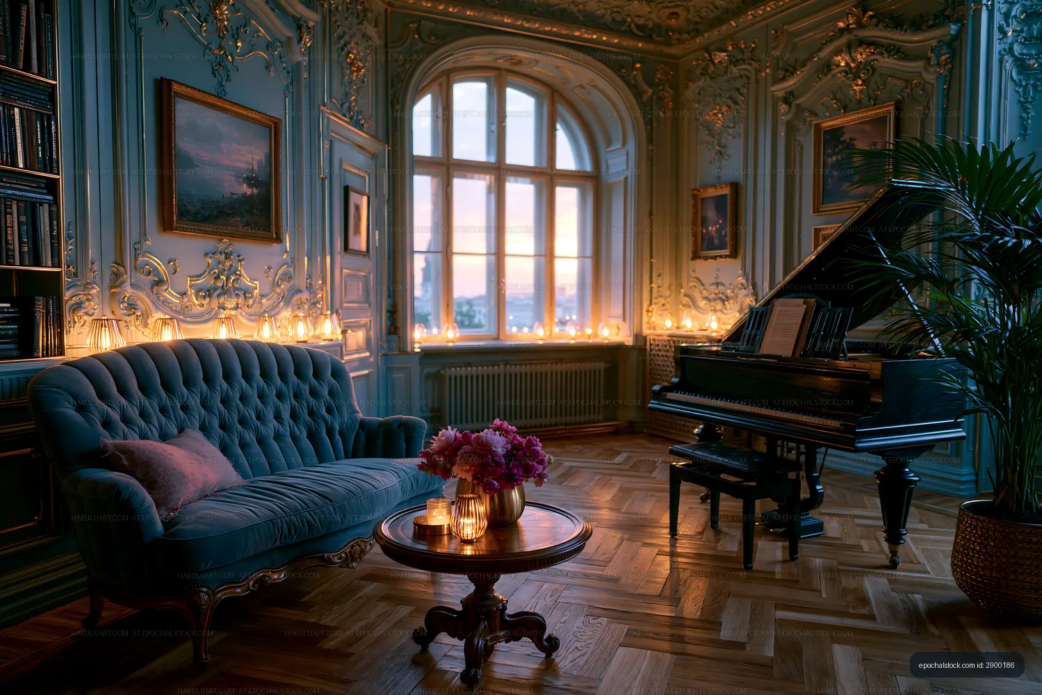 Elegant room with piano, soft lighting and vintage decor
