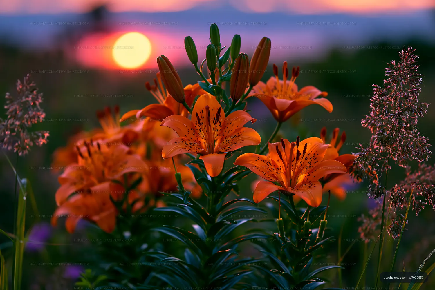 Orange lilies bloom at sunset in a vibrant garden