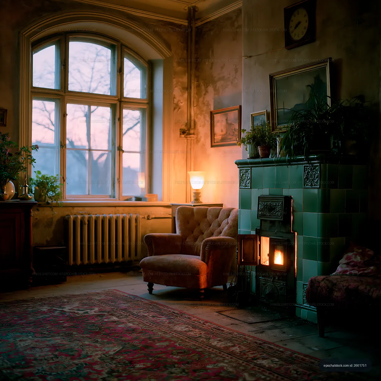Cozy living room with fire and vintage decor in evening light