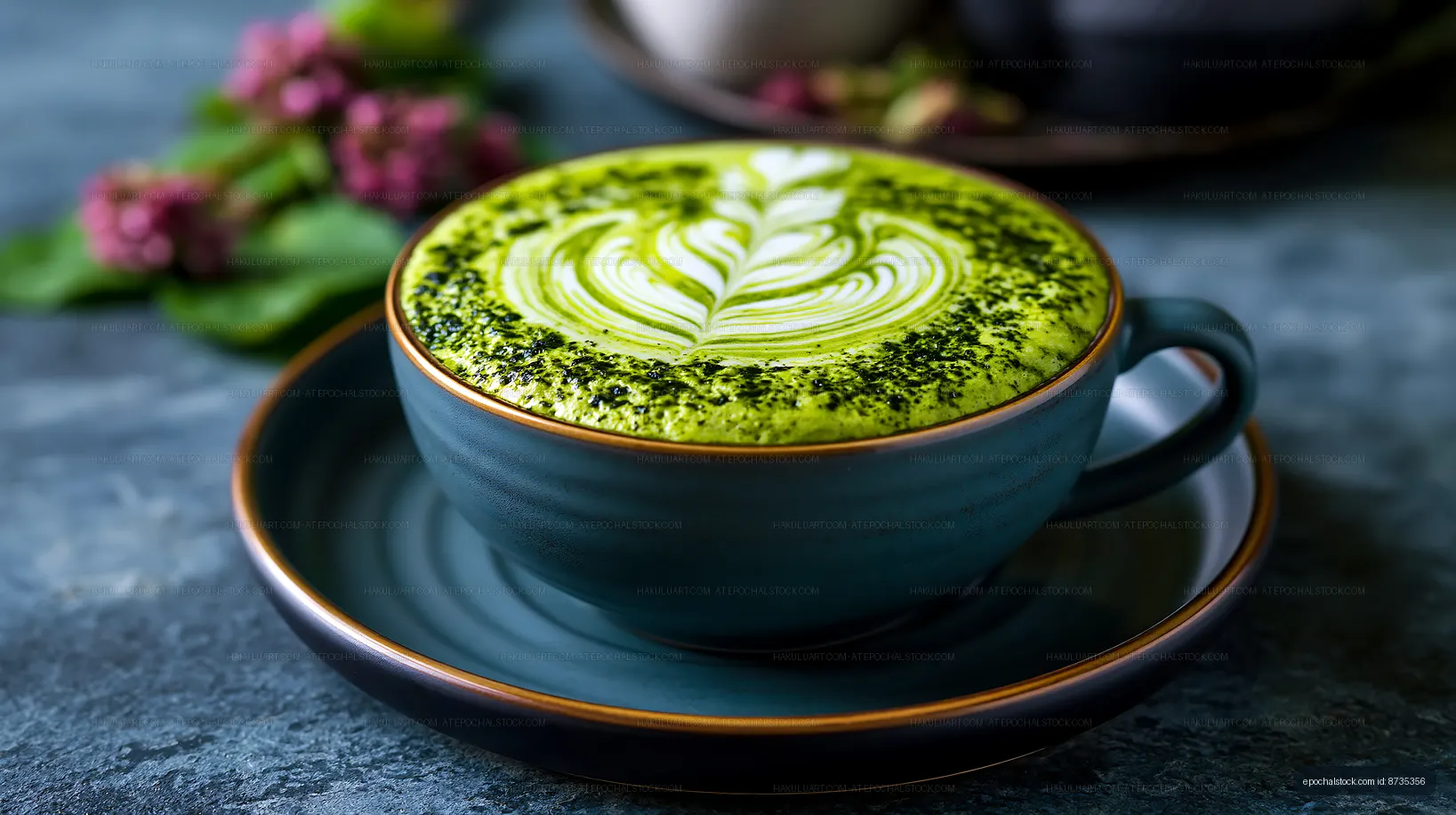 Matcha latte in a blue cup with intricate latte art