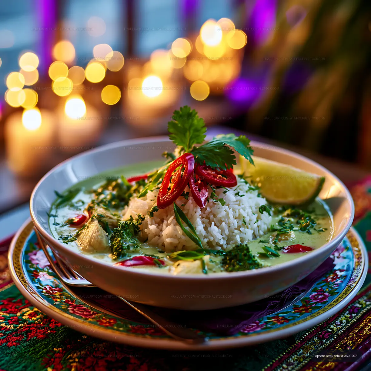 Delicious rice dish with green curry and fresh herbs