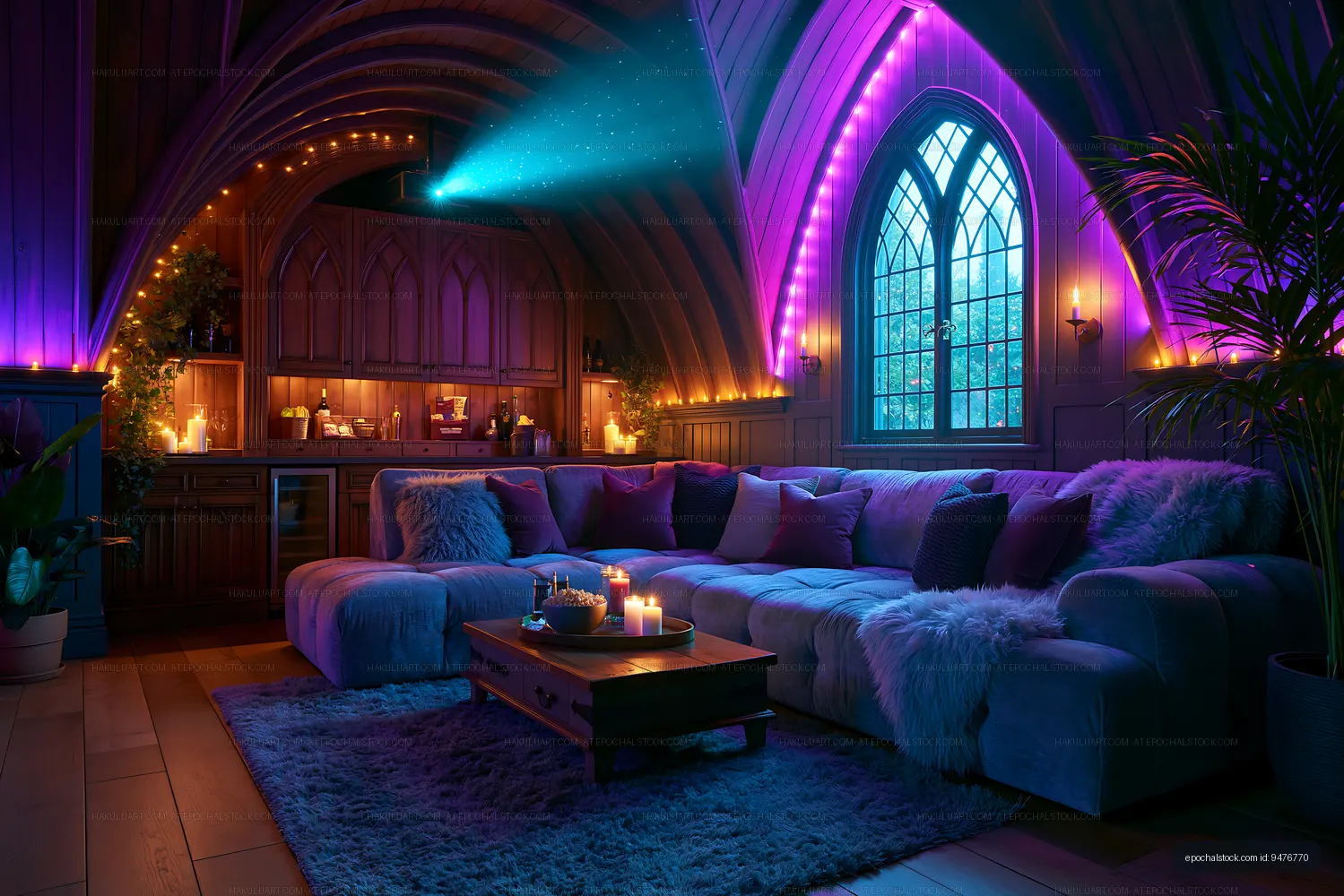 Cozy living room with colorful lights and soft furnishings