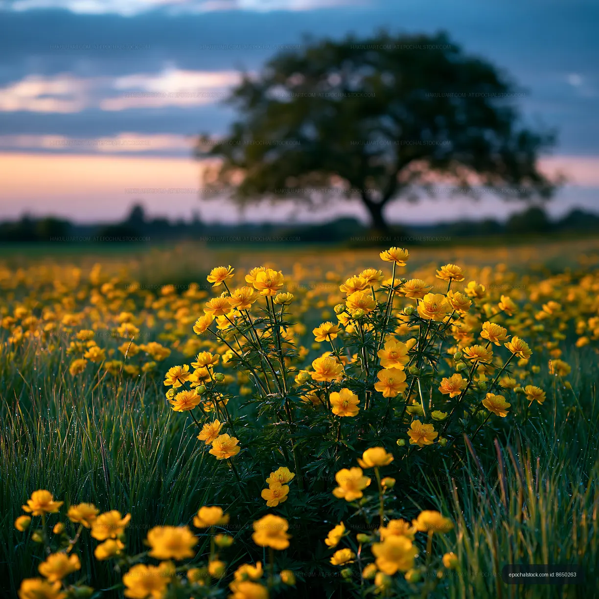 Yellow flowers in a field at sunset with trees in the background