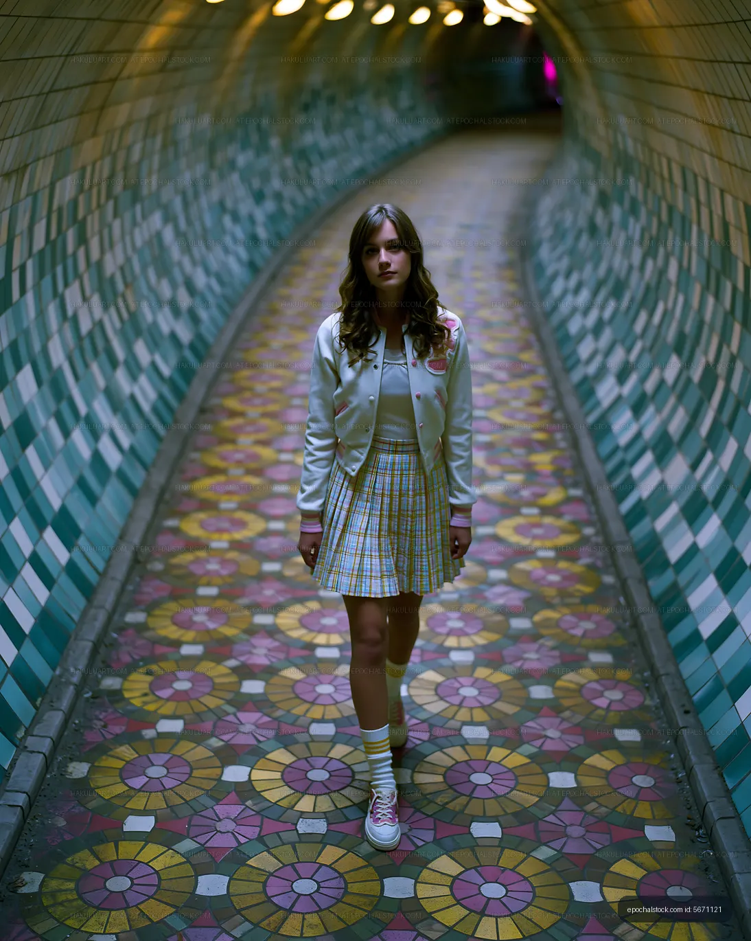 Young woman walking through a colorful tiled tunnel