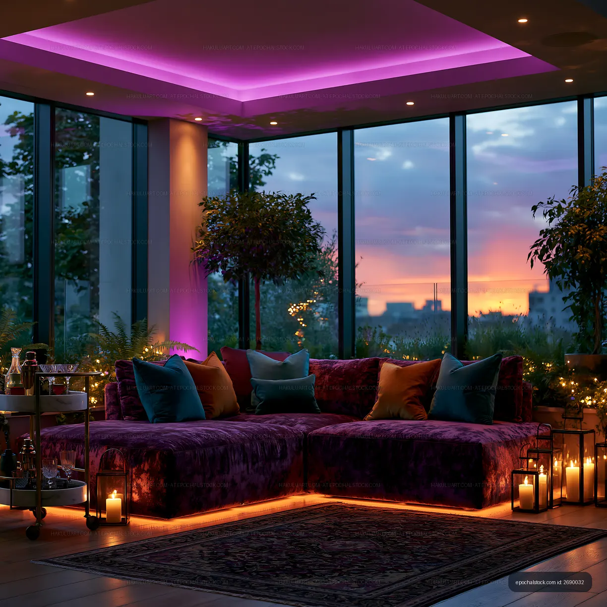 Cozy lounge area with colorful lights and sunset view