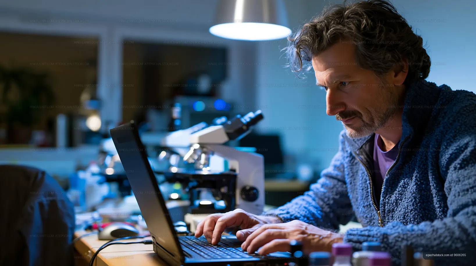 Man working on laptop in a laboratory at night