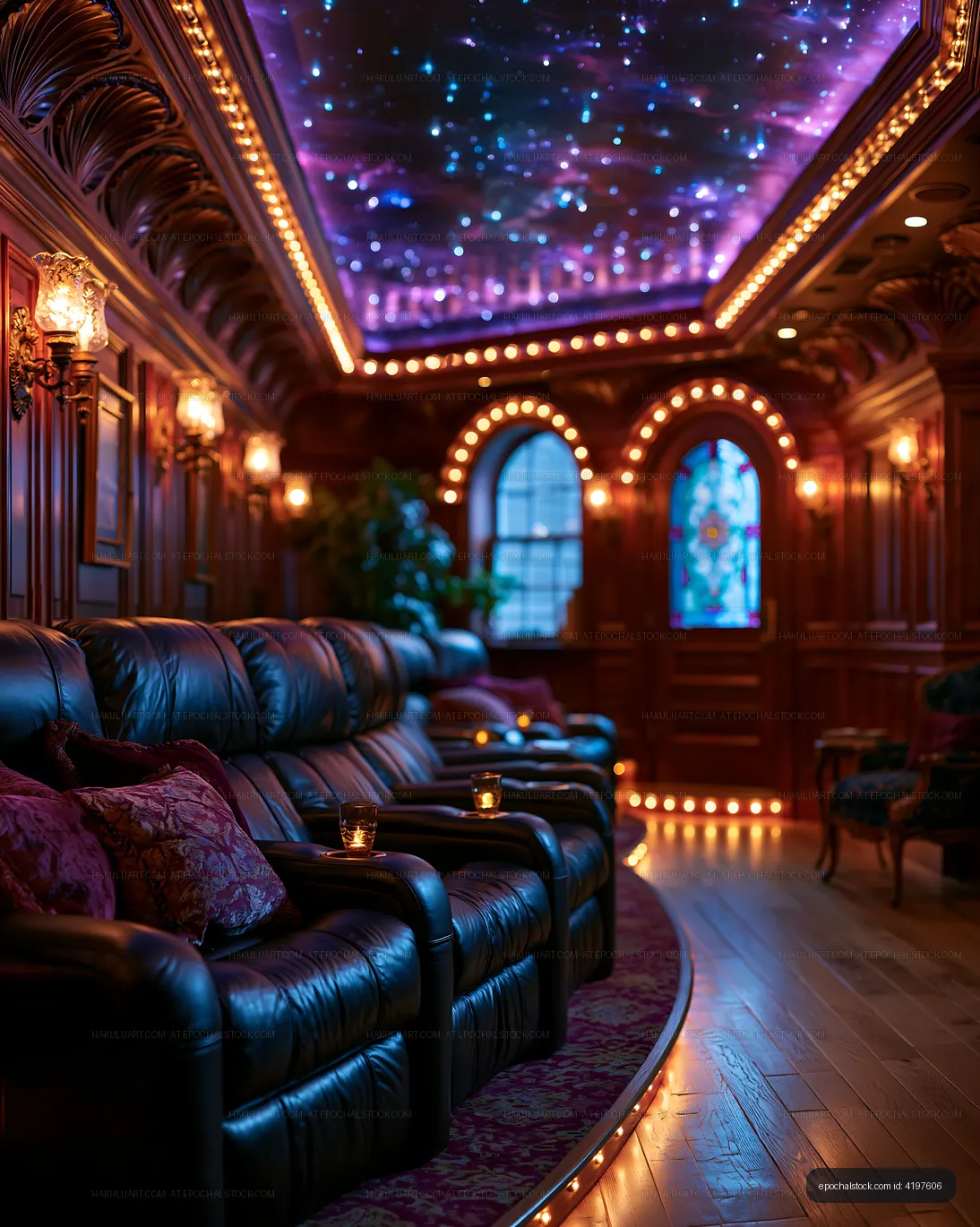 Luxury home theater with leather seats and decorative lighting