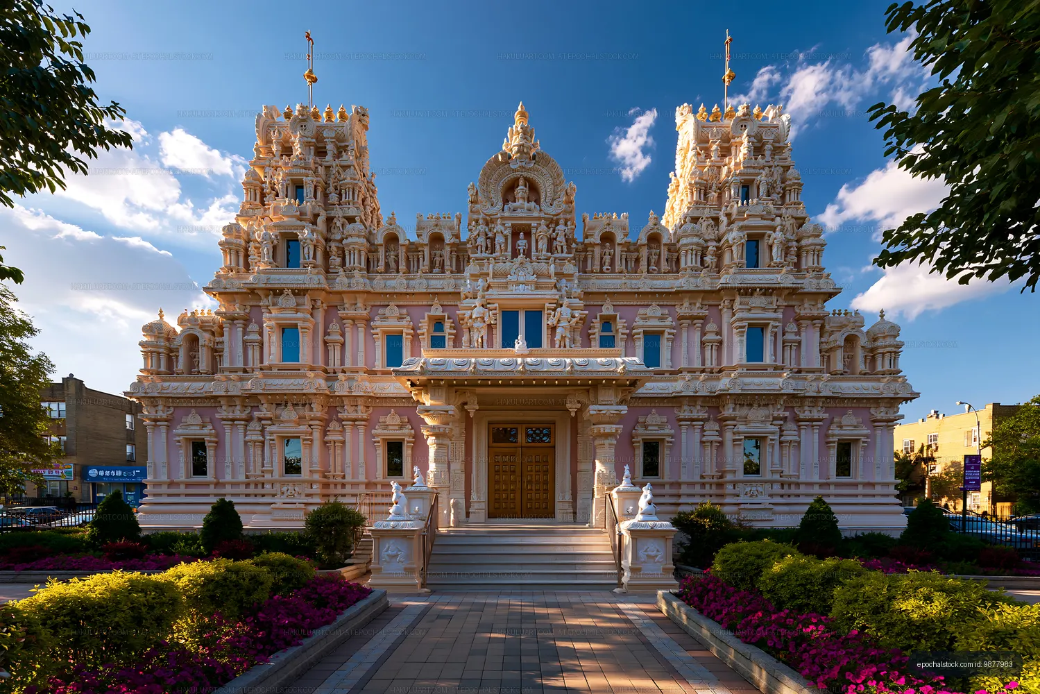 Hindu temple with intricate design and clear blue skies
