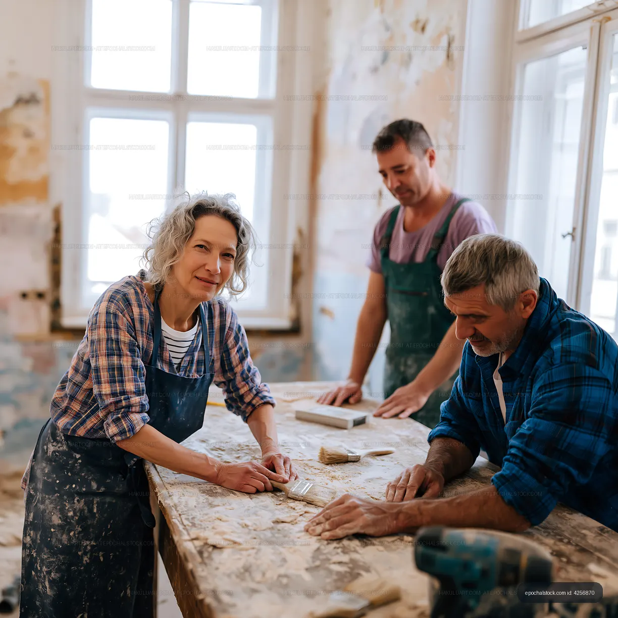 Team of workers engaged in woodwork at renovation site