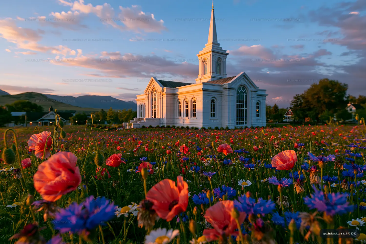 Church surrounded by flowers at sunset in rural landscape