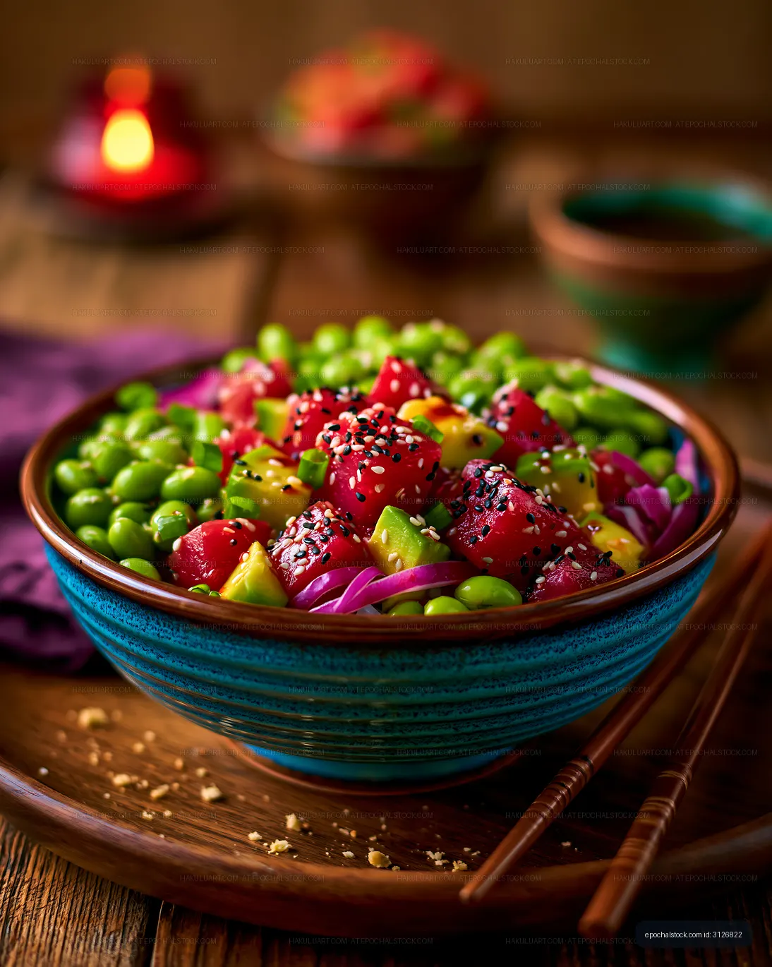 Colorful fruit and vegetable salad in a bowl on wooden table