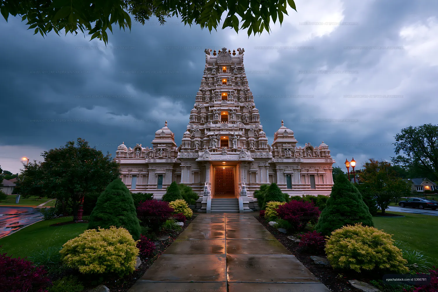 Hindu temple stands under dark clouds before a rainstorm