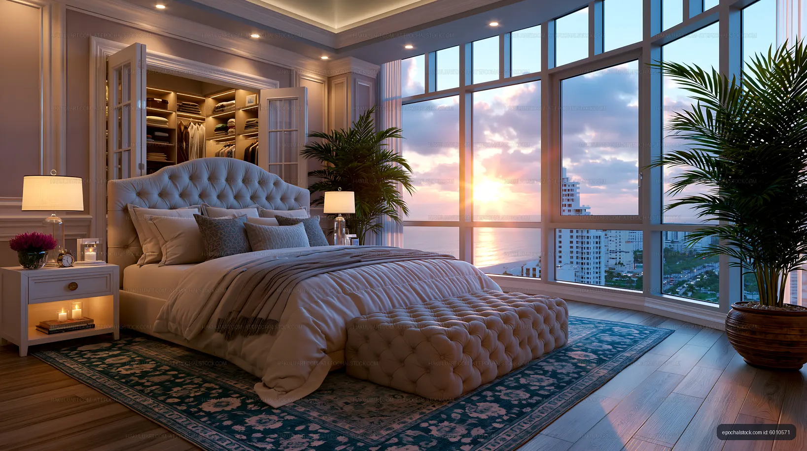 Stylish bedroom with large windows and sunset view