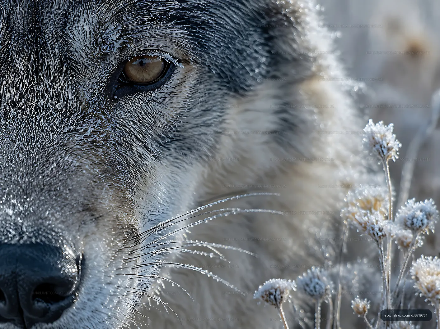 Wolf close-up in snowy setting with frozen vegetation