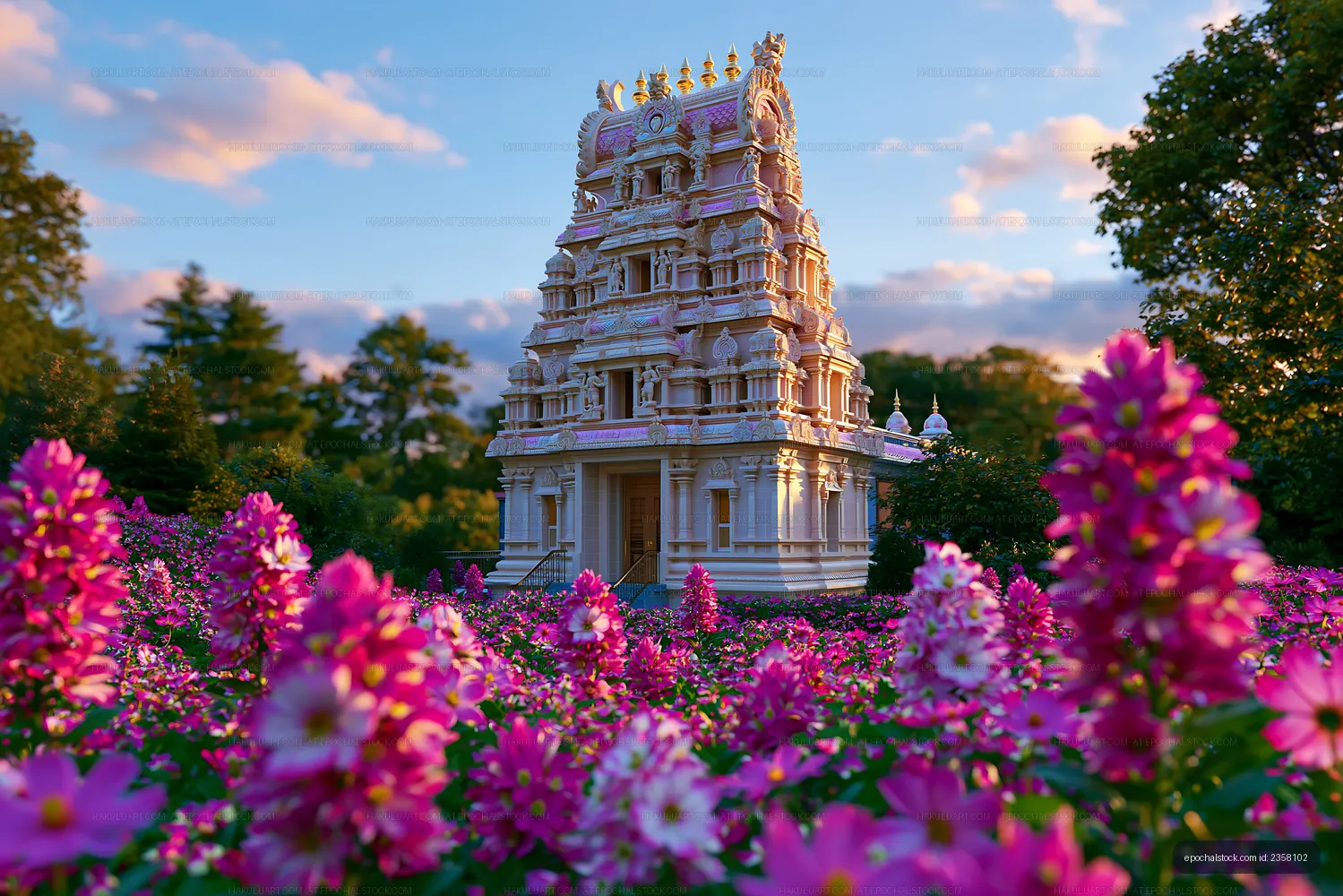 Temple surrounded by pink flowers at sunset