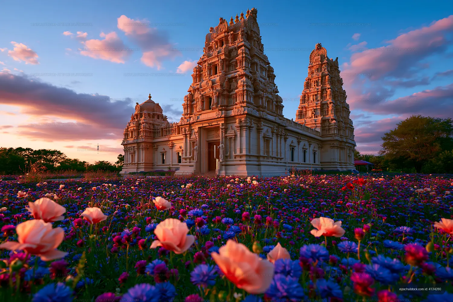 Temple surrounded by colorful flowers during sunset