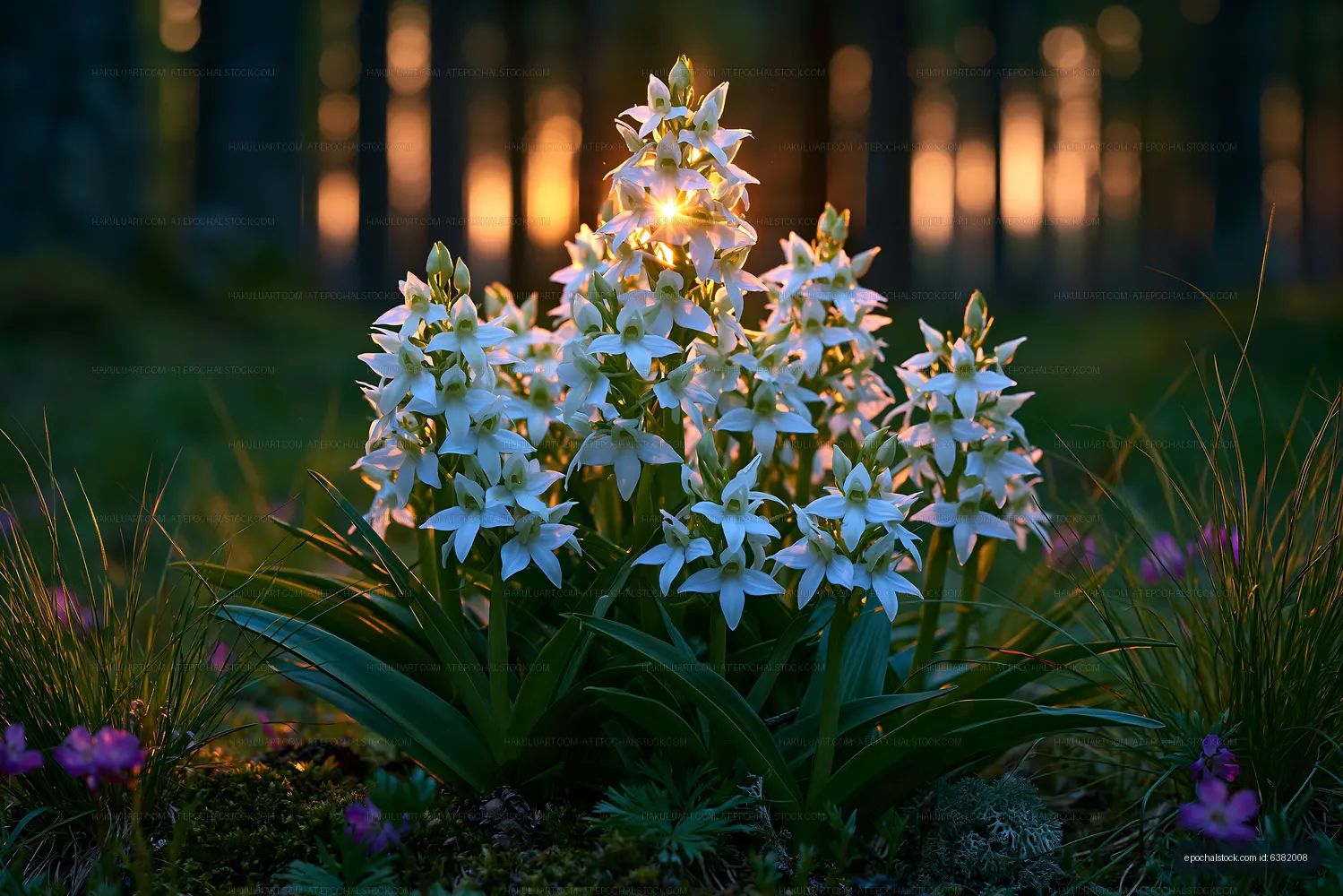 White flowers bloom in a forest during sunset