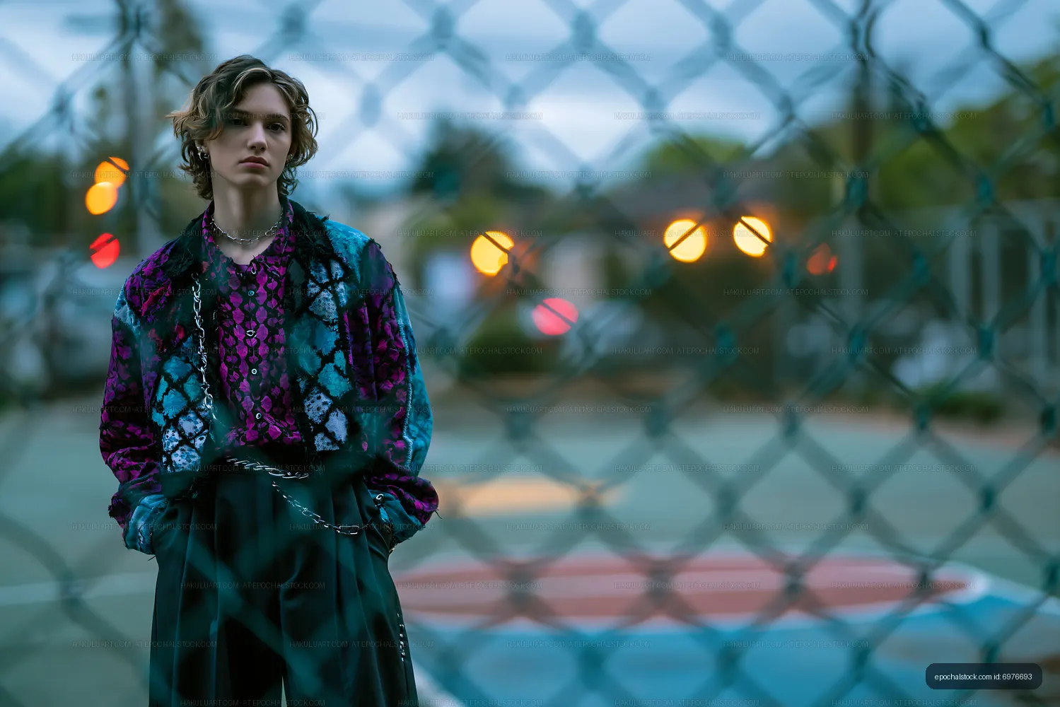 Fashionable young man poses on basketball court at dusk