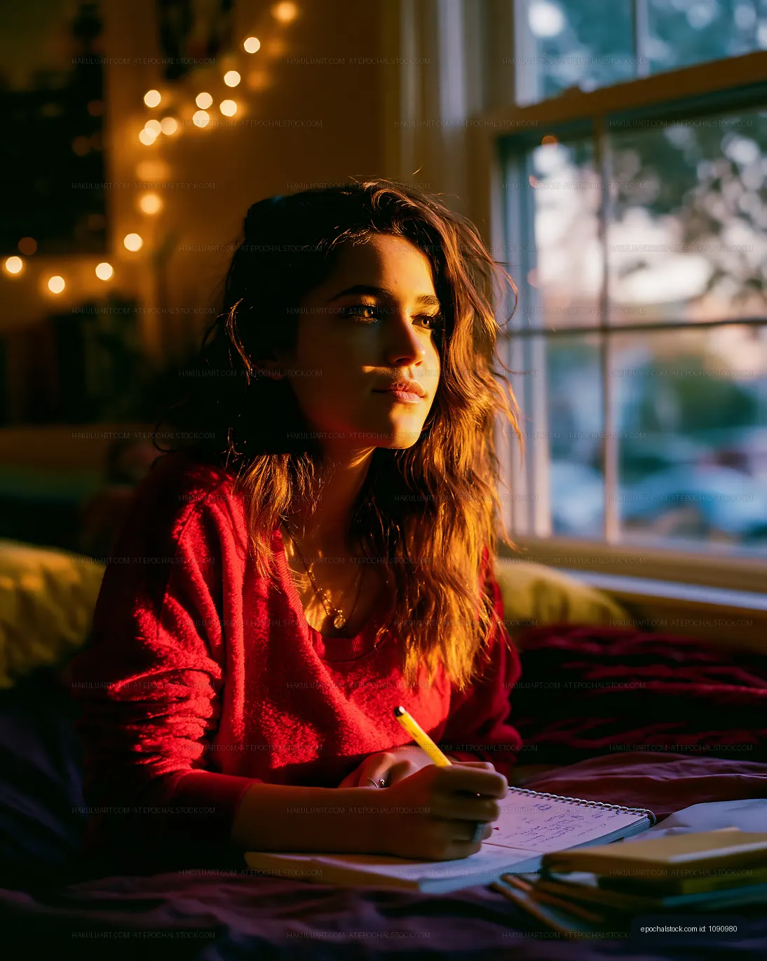 Woman writing in a notebook by a window with warm light