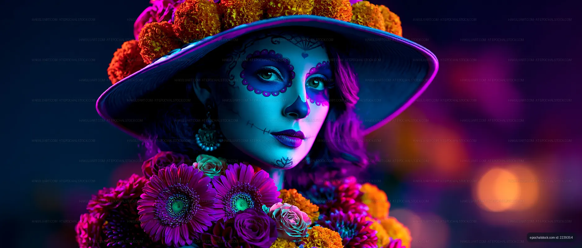 Colorful skeleton makeup with flowers at night celebration