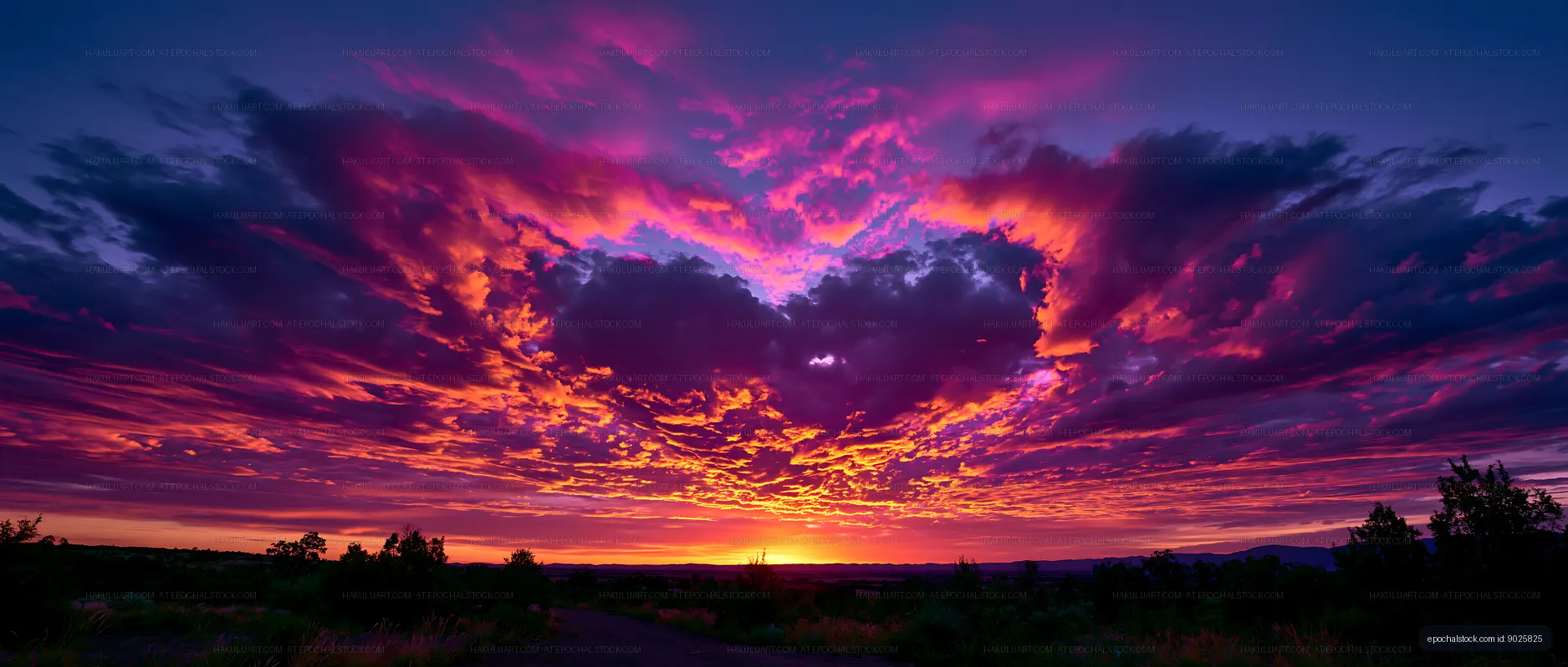 Vibrant sunset with colorful clouds over a landscape