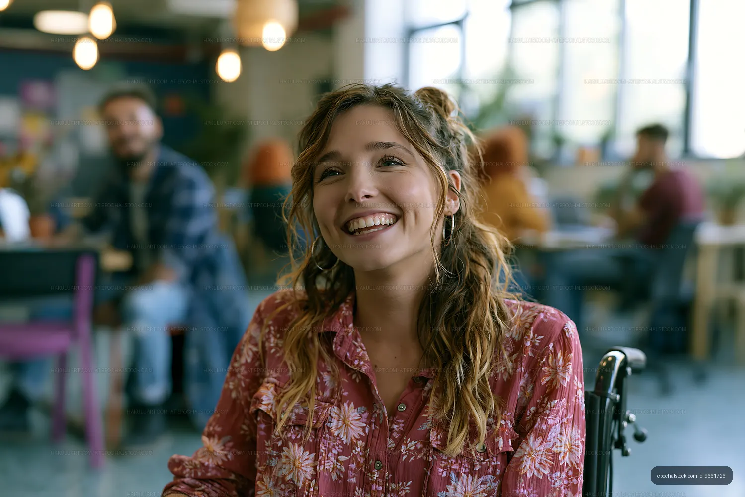 Smiling woman sitting in lively cafe with friends