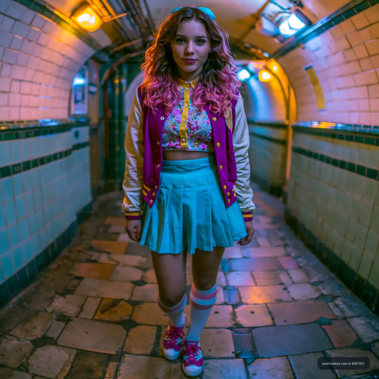 Girl in colorful outfit walking through underground tunnel