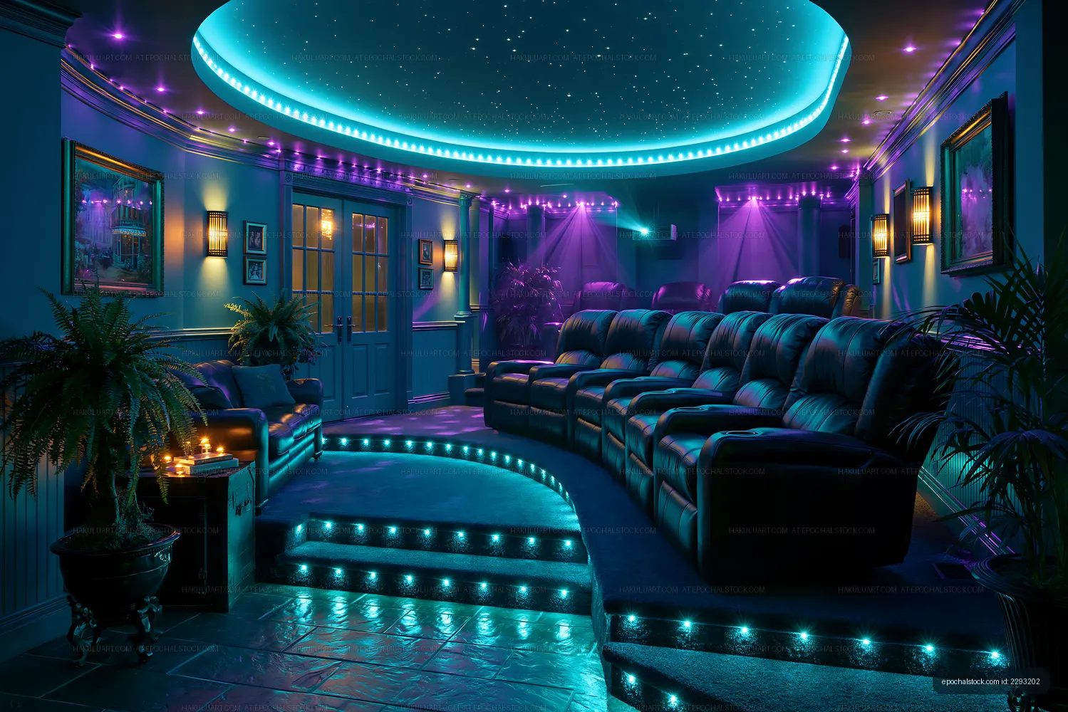 Modern home theater with starry ceiling and vibrant lights
