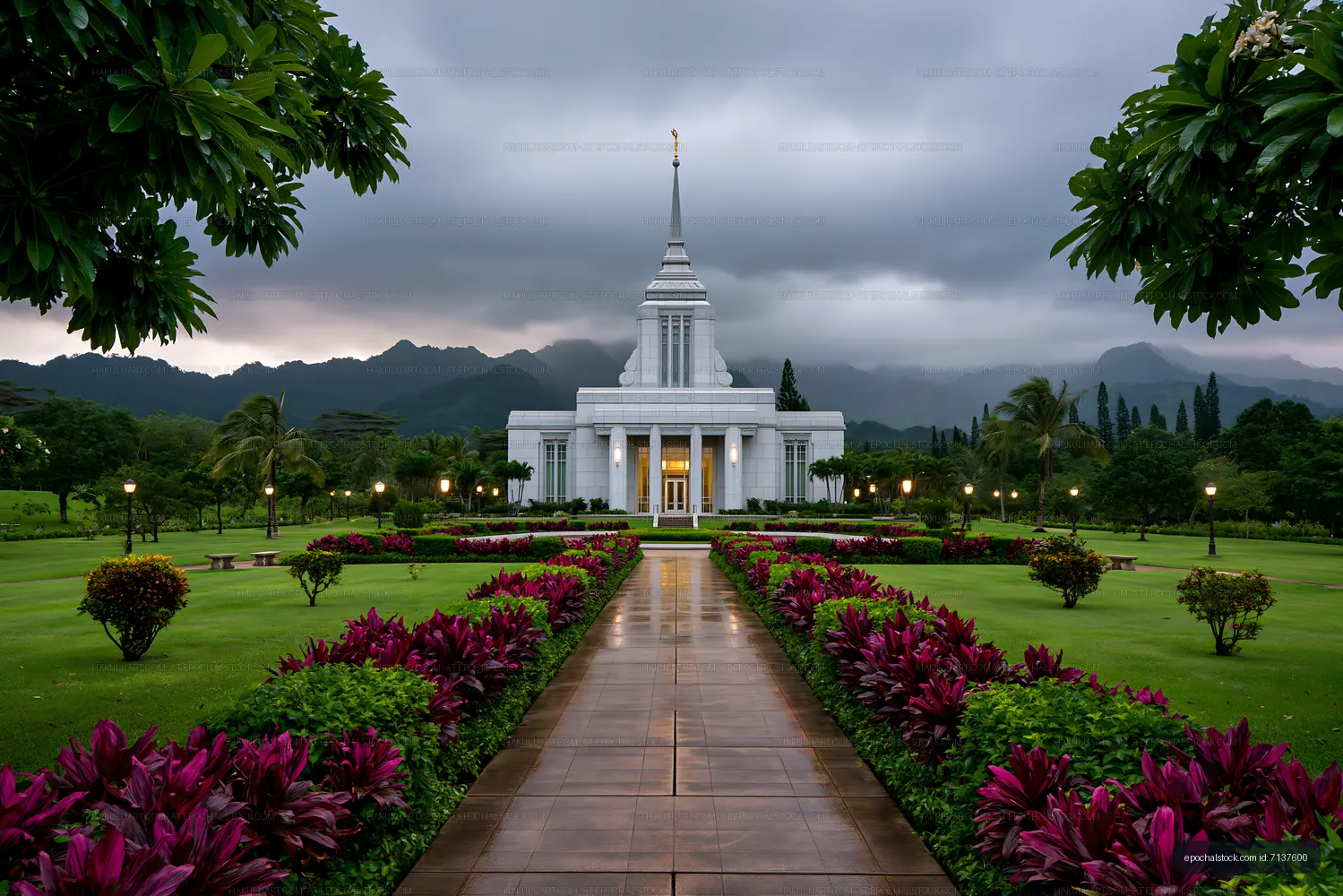 Beautiful temple surrounded by gardens and mountains in Hawaii