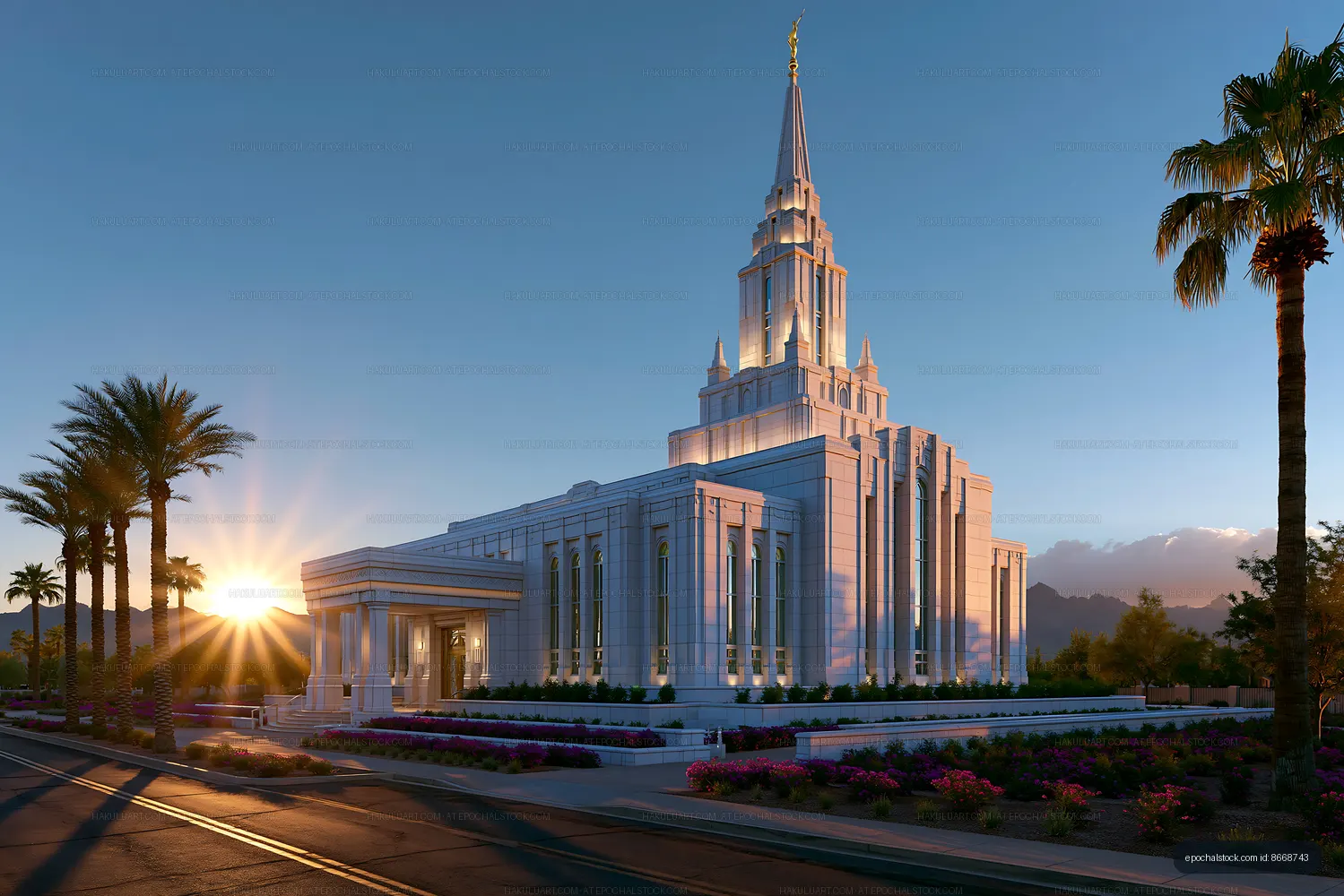 Modern temple at sunset with palm trees in the foreground