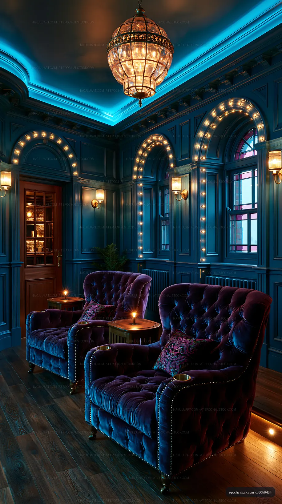Cozy seating area with vintage chairs in a blue room