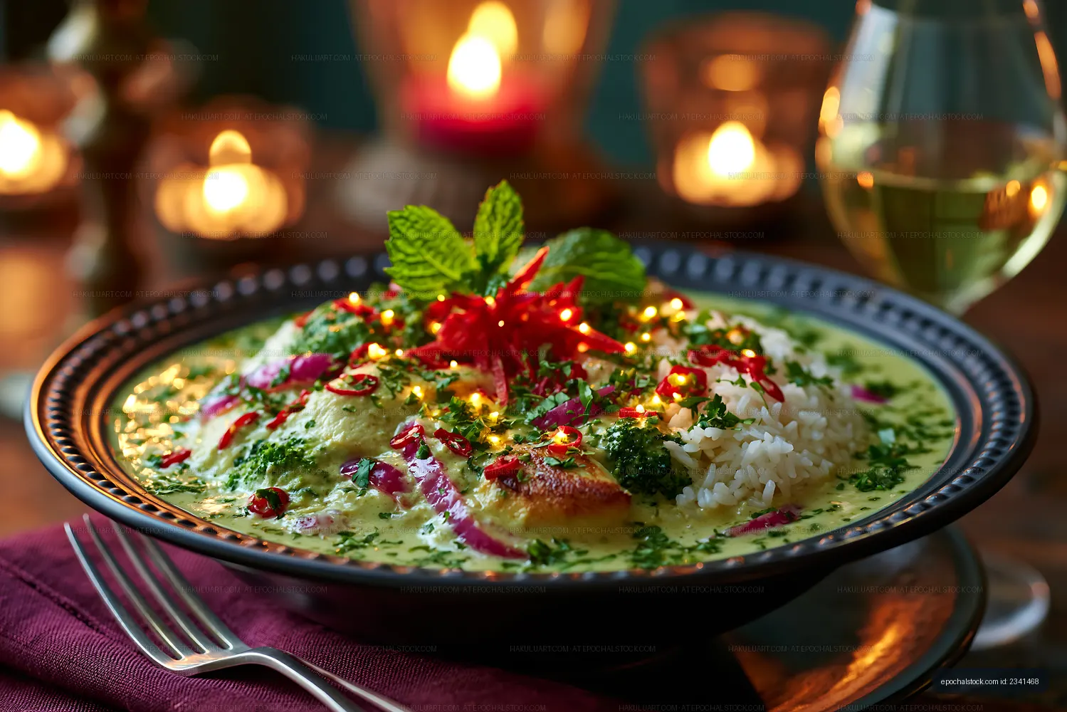 Delicious curry dish served with rice and fresh herbs