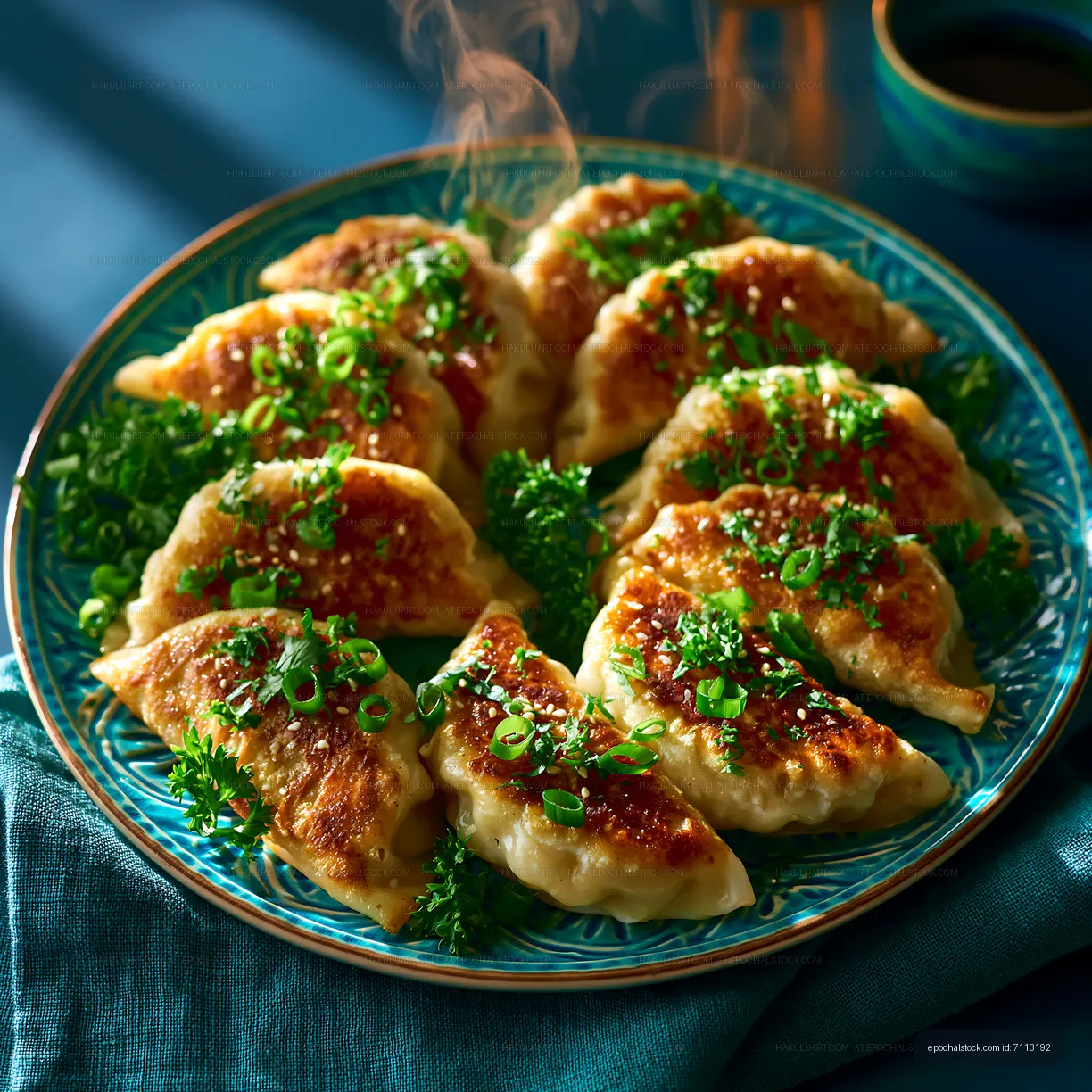 Delicious dumplings on a plate with herbs and green onions