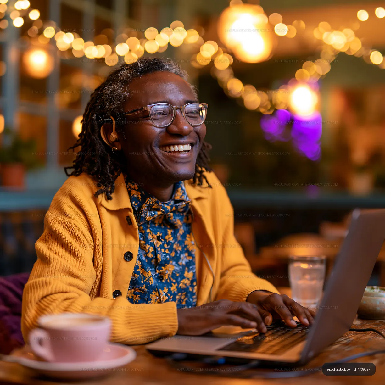 Man working on laptop in cafe with warm lighting