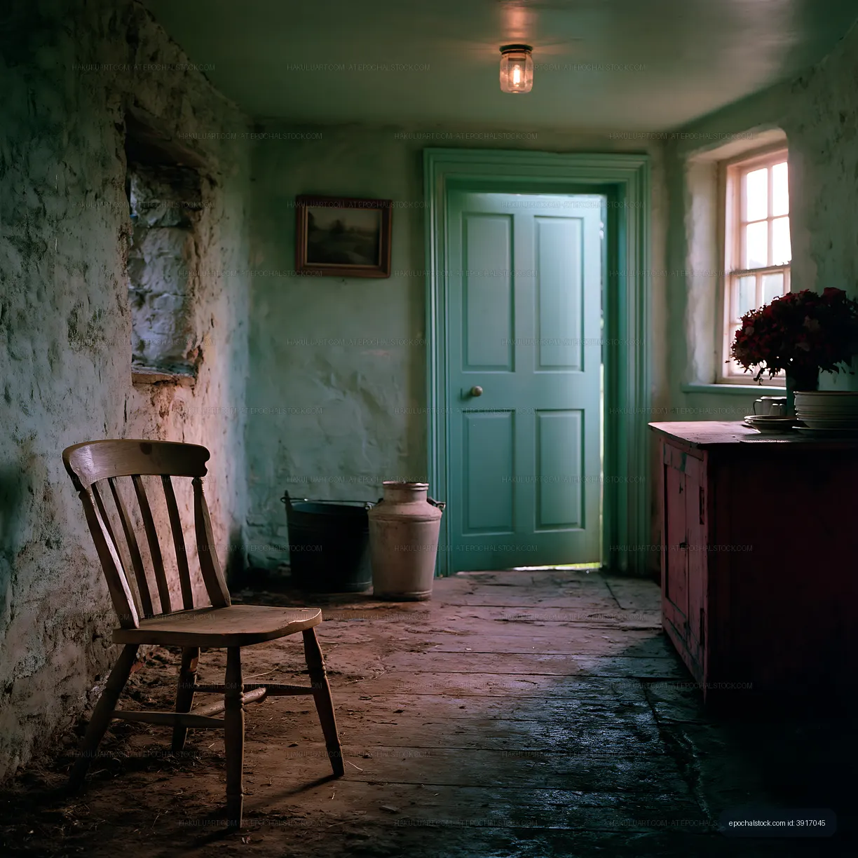 Rustic hallway with wooden chair and green door in old house
